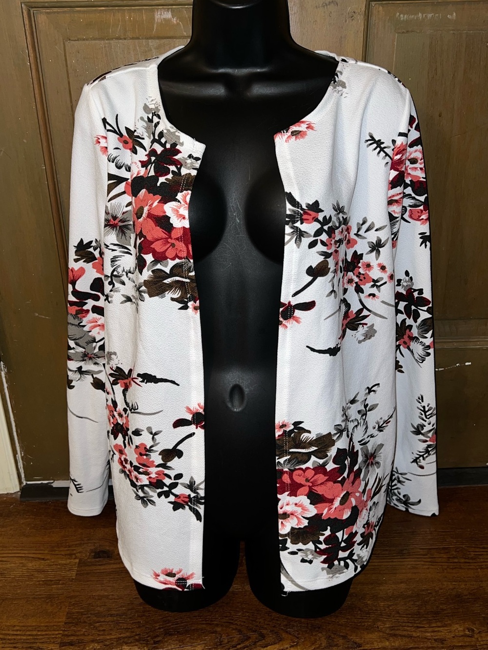 Emery Rose White Floral Red Black Open Front Cottagecore Cardigan Jacket Size L